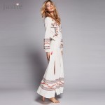 Jastie Mystical Maxi Dress Colorful Embroidery Women Dress Long Sleeve Elastic Waist Boho Vestidos V-Neck Side Slits Sexy Dress