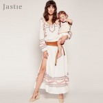 Jastie Mystical Maxi Dress Colorful Embroidery Women Dress Long Sleeve Elastic Waist Boho Vestidos V-Neck Side Slits Sexy Dress