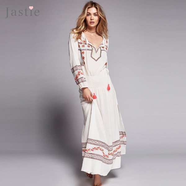 Jastie Mystical Maxi Dress Colorful Embroidery Women Dress Long Sleeve Elastic Waist Boho Vestidos V-Neck Side Slits Sexy Dress