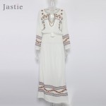 Jastie Mystical Maxi Dress Colorful Embroidery Women Dress Long Sleeve Elastic Waist Boho Vestidos V-Neck Side Slits Sexy Dress