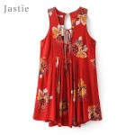 Jastie Sweet Printed Mini Dress Flowy Plunging V-Neck Low Open Back Sexy Dresses Sleeveless Beach Boho Women Vestidos