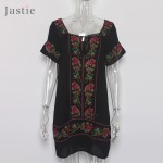 Jastie Vintage Black Elegant Dress Bohemian Summer Dress Embroidery Mini Square Collar Robe Femme Boho Beach Style Vestidos 2017