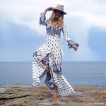 Jessie Vinson Bohemian Style Boho Print Split Maxi Dress V-neck Long Sleeve Plus Size  Beach Sundress Vestido for Women