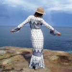 Jessie Vinson Bohemian Style Boho Print Split Maxi Dress V-neck Long Sleeve Plus Size  Beach Sundress Vestido for Women