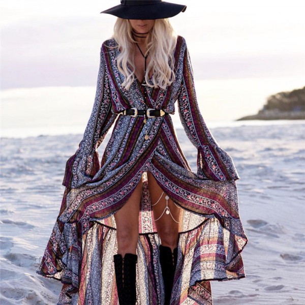 Jessie Vinson Bohemian Style Boho Print Split Maxi Dress V-neck Long Sleeve Plus Size  Beach Sundress Vestido for Women