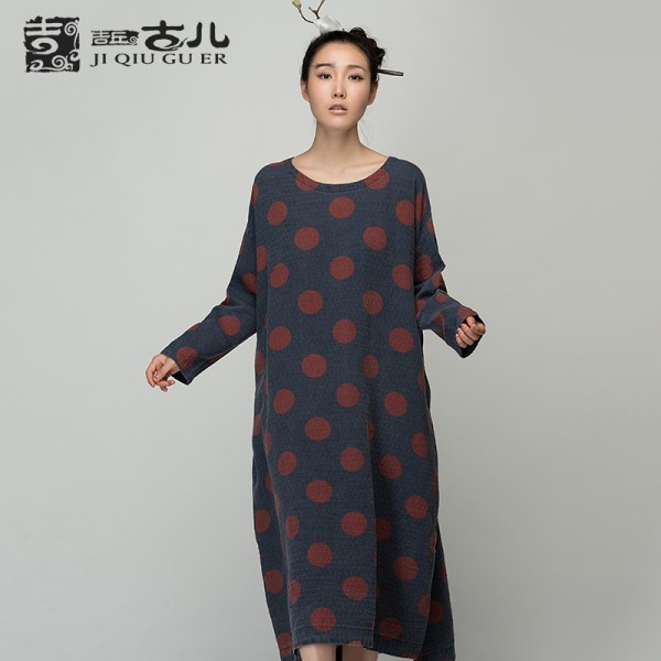 Jiqiuguer Brand Womens Autumn Base Dresses Bohemia Long-Sleeve Mid-Calf Dot Dresses Print Long Dresses G153Y004