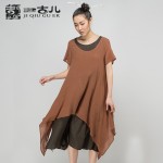 Jiqiuguer Brand Womens Two Piece Dress Loose Maxi Tunic Dresses Short Sleeve Cotton Linen Dress High Low Dresses G132Y087