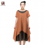 Jiqiuguer Brand Womens Two Piece Dress Loose Maxi Tunic Dresses Short Sleeve Cotton Linen Dress High Low Dresses G132Y087