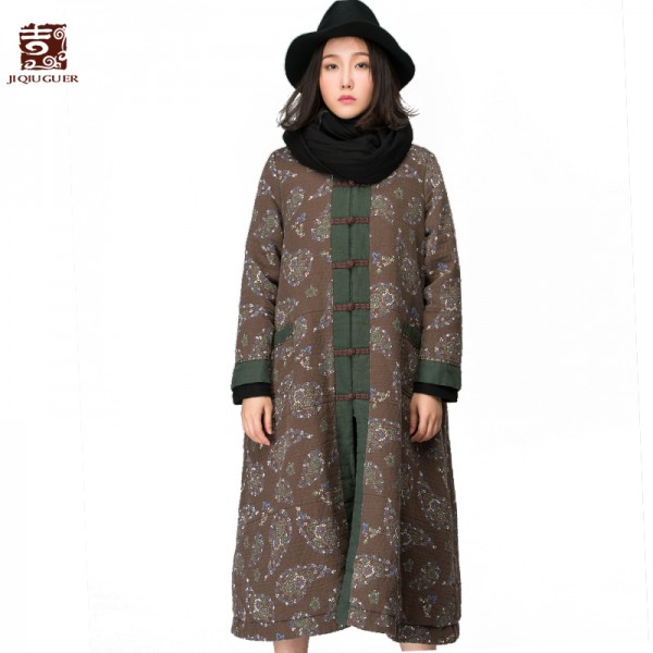 Jiqiuguer Design Cotton-padded Thicken Jacket Chinese Style Coats High Collar Ethnic Outerwear Plus Size Button Jacket G154Y022