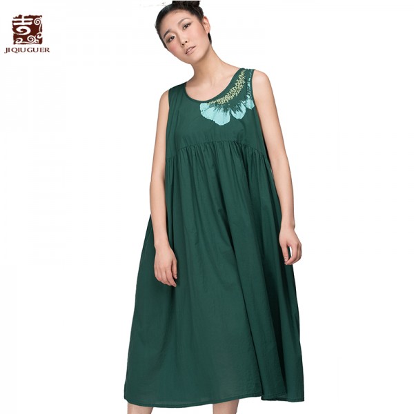 Jiqiuguer Flower sleeveless Summer dress o-neck loose vintage one-piece dress embroidery women's medium-long vetisdo G152Y012