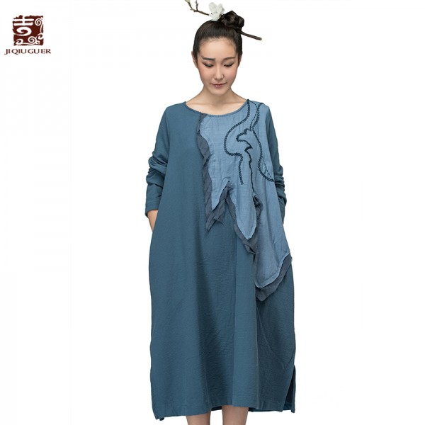 Jiqiuguer Original Brand Robe Long Sleeve Autumn Base Tunic Dresses Brief Vintage O-neck Pullover Loose Dresses G153Y023