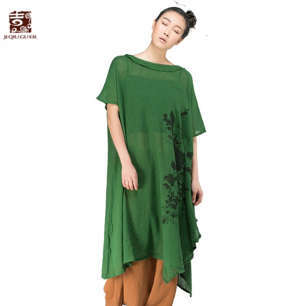 Jiqiuguer Original Design Women's ethnic Linen cotton Dress asymmetrical Hem dress Tie Dye Print Maxi Irregular Dress G132Y057