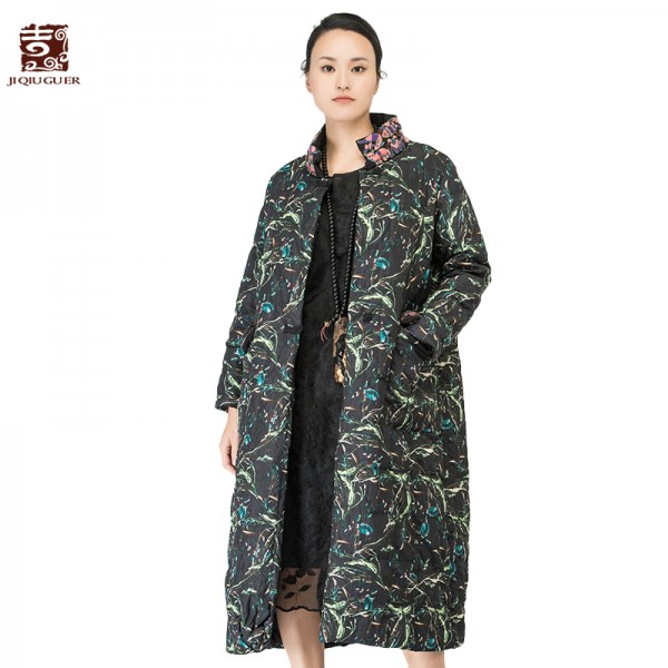 Jiqiuguer Vintage Printed Floral Warm Winter Coat For Women Ethnic Stand Collar Embroidered Long Jackets Outwear G164Y027