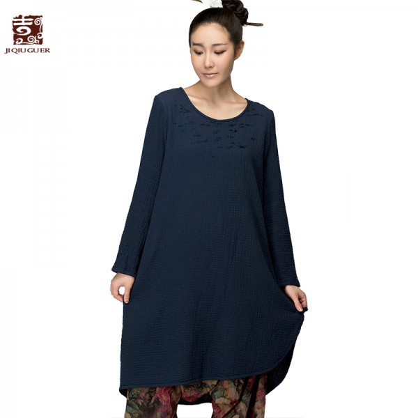 Jiqiuguer original vintage designer dress women's cotton dresses loose asymmetrical embroidery dress  G153Y015