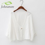 Johnature 2017 New Autumn Womens One Button Jacket  Cotton Linen Soft Bat Sleeve Cardigan Simple Short Style Loose Cloak Jacket