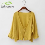 Johnature 2017 New Autumn Womens One Button Jacket  Cotton Linen Soft Bat Sleeve Cardigan Simple Short Style Loose Cloak Jacket