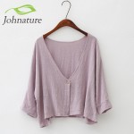 Johnature 2017 New Autumn Womens One Button Jacket  Cotton Linen Soft Bat Sleeve Cardigan Simple Short Style Loose Cloak Jacket