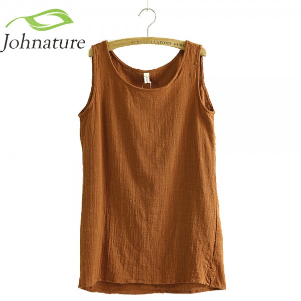 Johnature 2017 New Summer Vest Sleeveless Linen Cotton Loose Women Tanks Soft Long O Neck Conforatble Vest Hot Top Casual