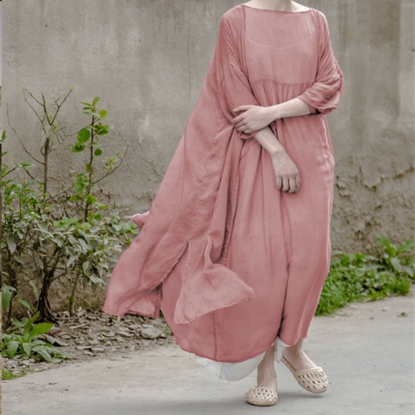 Johnature 2017 Spring And Summer New Arrival Women's Super Soft And Comfortable Loose Round Neck Silk Dress Silk Dress Literary