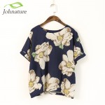 Johnature 2017 Summer New Women Print Flower Round Neck Cotton Linen Short Sleeve T-Shirt Loose Vintage Girl Top