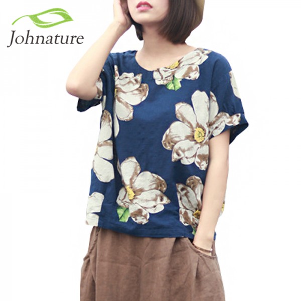 Johnature 2017 Summer New Women Print Flower Round Neck Cotton Linen Short Sleeve T-Shirt Loose Vintage Girl Top