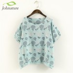 Johnature 2017 Summer Short Sleeve Women T-Shirts Linen Cotton Tops Loose Flower Print O-Neck Japanese Style Vintage Shirt