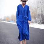 Johnature Women Blue Dress Cotton Linen Button 2018 Autumn Casual Vintage Loose Belt V-Neck Robes Brief Long Sleeve Maxi Dresses