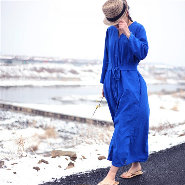 Johnature Women Blue Dress Cotton Linen Button 2018 Autumn Casual Vintage Loose Belt V-Neck Robes Brief Long Sleeve Maxi Dresses