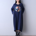 Johnature Women Dress Embroidery Floral Women Clothes 2018 Autumn Vintage Brief Casual Cotton Linen O-Neck Robes Dress