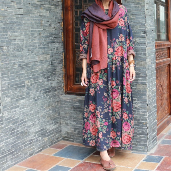 Johnature Women Floral Maxi Dress Vintage Long Sleeve Double Cotton Warm Loose 2018 Fall Winter New Comfortable Long Robes Dress