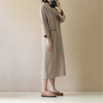 Johnature Women Linen Dress Brief 2018 Autumn New O-Neck Long Sleeve Pockets Original Loose Mori Girl Dress Vintage Casual