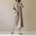 Johnature Women Linen Dress Brief 2018 Autumn New O-Neck Long Sleeve Pockets Original Loose Mori Girl Dress Vintage Casual