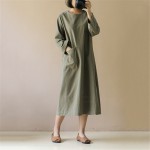 Johnature Women Linen Dress Brief 2018 Autumn New O-Neck Long Sleeve Pockets Original Loose Mori Girl Dress Vintage Casual