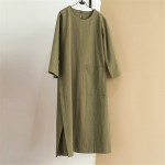 Johnature Women Linen Dress Brief 2018 Autumn New O-Neck Long Sleeve Pockets Original Loose Mori Girl Dress Vintage Casual