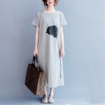 Johnature Women Long Dress Brief Casual Loose 2017 Summer New Fashion Gray Plus Size Women Clothes Cotton Cute Dresses