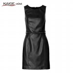 KAIGE NINA Women Fashion PU Leather Dress Slim O-Neck Sleeveless 2 Colors Casual Mini Dress Sashes Sexy Vestidos 2244