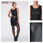 KAIGE .nina New  Women Asymmetrical  Hem Faux Leather PU Dress With Zipper Woman O-Neck Sleeveless Bodycon Casual Dresses