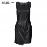 KAIGE .nina New  Women Asymmetrical  Hem Faux Leather PU Dress With Zipper Woman O-Neck Sleeveless Bodycon Casual Dresses