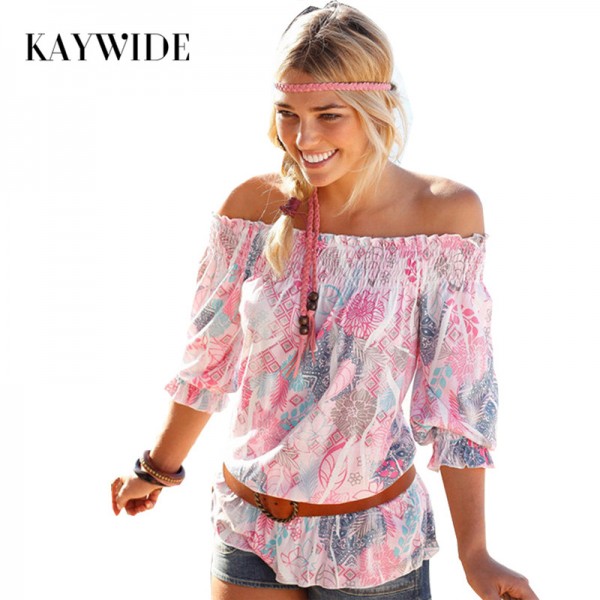 KAYWIDE 2016 New Summer Beach style T Shirts Slash-Neck Half Sleeve Strapless Floral Print T-shirt Loose Sexy Tee Women Tops