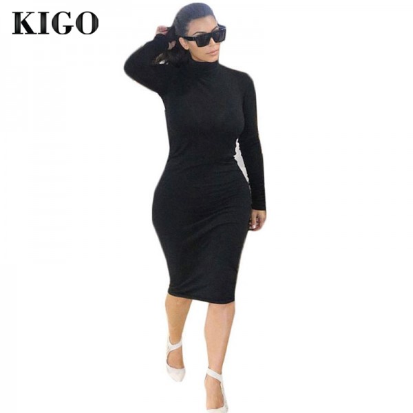 KIGO Kim Kardashian Dress Autumn Black Turtleneck Solid Vestidos Femininos Party Dress Sexy Long Sleeve Bodycon Bandage Dress