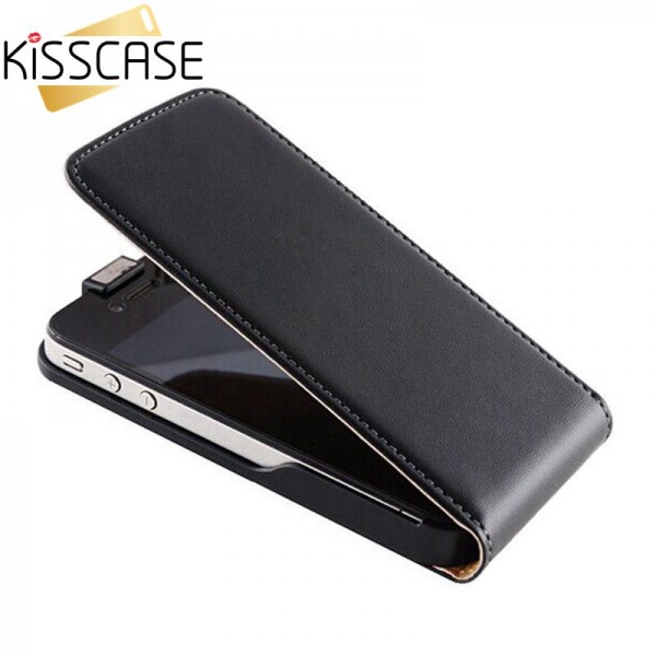 KISSCASE Retro Real Genuine Leather Case for iPhone 4 4S 4G 5 5S 5G Luxury Vertical Magnetic Flip Phone Accessories Cover Black