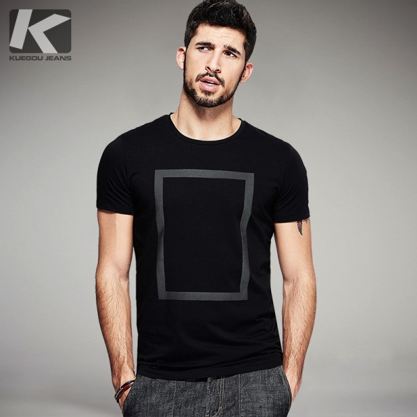 KUEGOU 2017 Summer Mens Fashion T Shirts Print Black White Brand Clothing Man's Short Sleeve Slim T-Shirts Plus Size Tees 1613