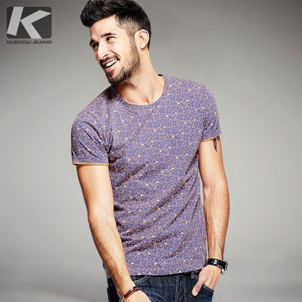 KUEGOU Summer Mens 100% Cotton T Shirts Purple Flower Bird Print Brand Clothing Man's Short Sleeve Slim T-Shirts Tops Tees 8293