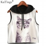 KaiTingu 2017 New Summer Fashion Women Hoodied Crop Top Sleeveless Cat Print Casual Top Women Short Cropped Tops Vest Tank Tops