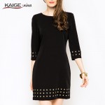 KaigeNina New Fashion Hot Sale Lady Casual Solid Natural O-Neck Knee-Length Appliques Straight Women Dress 1198