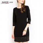 KaigeNina New Fashion Hot Sale Lady Casual Solid Natural O-Neck Knee-Length Appliques Straight Women Dress 1198