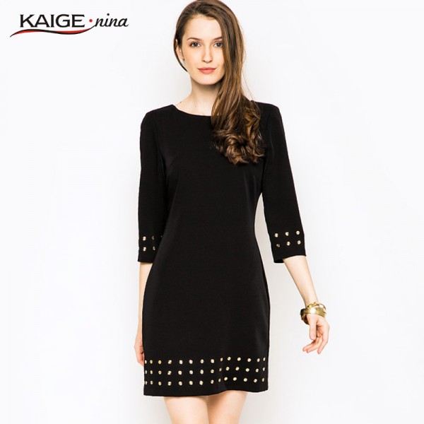 KaigeNina New Fashion Hot Sale Lady Casual Solid Natural O-Neck Knee-Length Appliques Straight Women Dress 1198