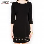 KaigeNina New Fashion Hot Sale Lady Casual Solid Natural O-Neck Knee-Length Appliques Straight Women Dress 1198