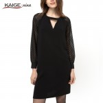 Kaige.Nina New Women's Fashion Sexy Black Pure Color Long Sleeve Lace Decoration Straight And Knees In The Summer Dress 1238