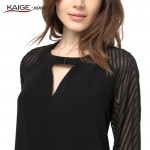 Kaige.Nina New Women's Fashion Sexy Black Pure Color Long Sleeve Lace Decoration Straight And Knees In The Summer Dress 1238